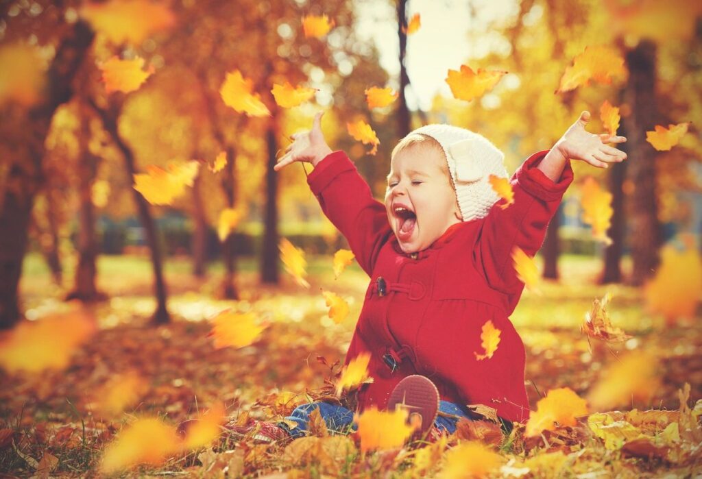 child wearing red top sitting in leaves