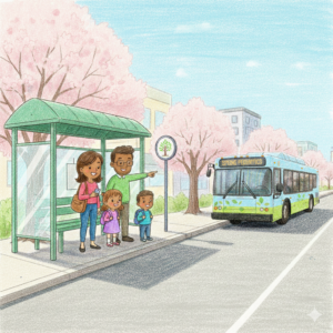 A charming, crayon-textured cartoon illustration of a diverse family with brown skin—a mother, father, and two young children—standing at a green bus stop. The father points toward a light blue and green transit bus approaching the curb. The bus features cherry blossom trees and smiling children on its side, with a digital destination sign that clearly reads "SPRING PEDIATRICS." The scene is set on a bright, sunny day with blooming pink cherry blossom trees lining the sidewalk in the background.