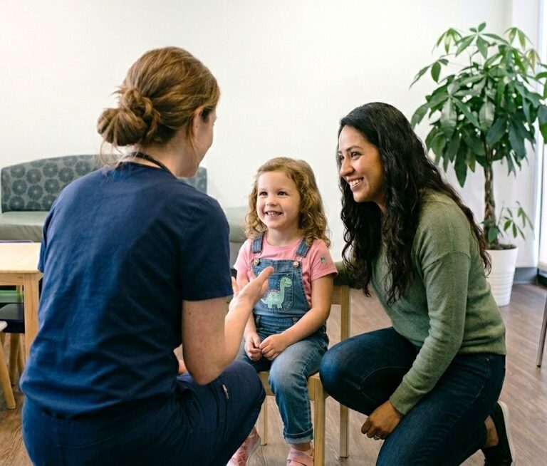 A female medical professional in blue scrubs is seen from behind, kneeling at eye level to speak with a smiling young girl in overalls sitting on a small wooden chair. Next to the child, a smiling mother kneels down, looking warmly at her daughter. They are in a bright, modern pediatric waiting room featuring a wooden floor, a child-sized table with colorful chairs, a green potted plant, and teal seating options against a clean, white wall.